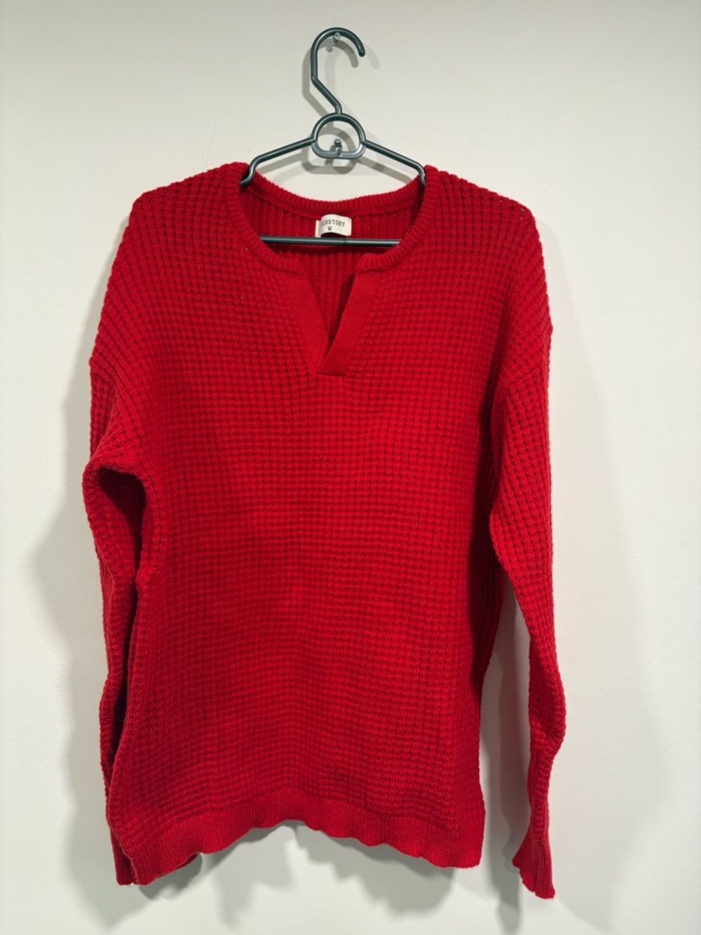 Women’s Red V-Neck Waffle Knit Sweater